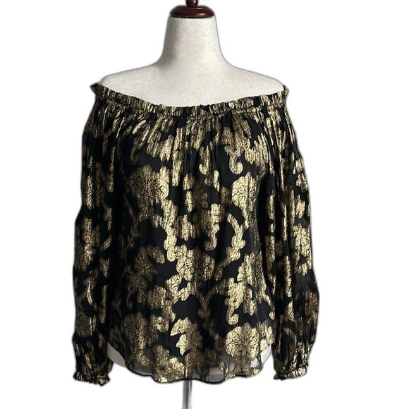 HALE BOB Viola Top Off Shoulder Black & Metallic Gold Floral Blouse Goth Size S - Picture 2 of 11